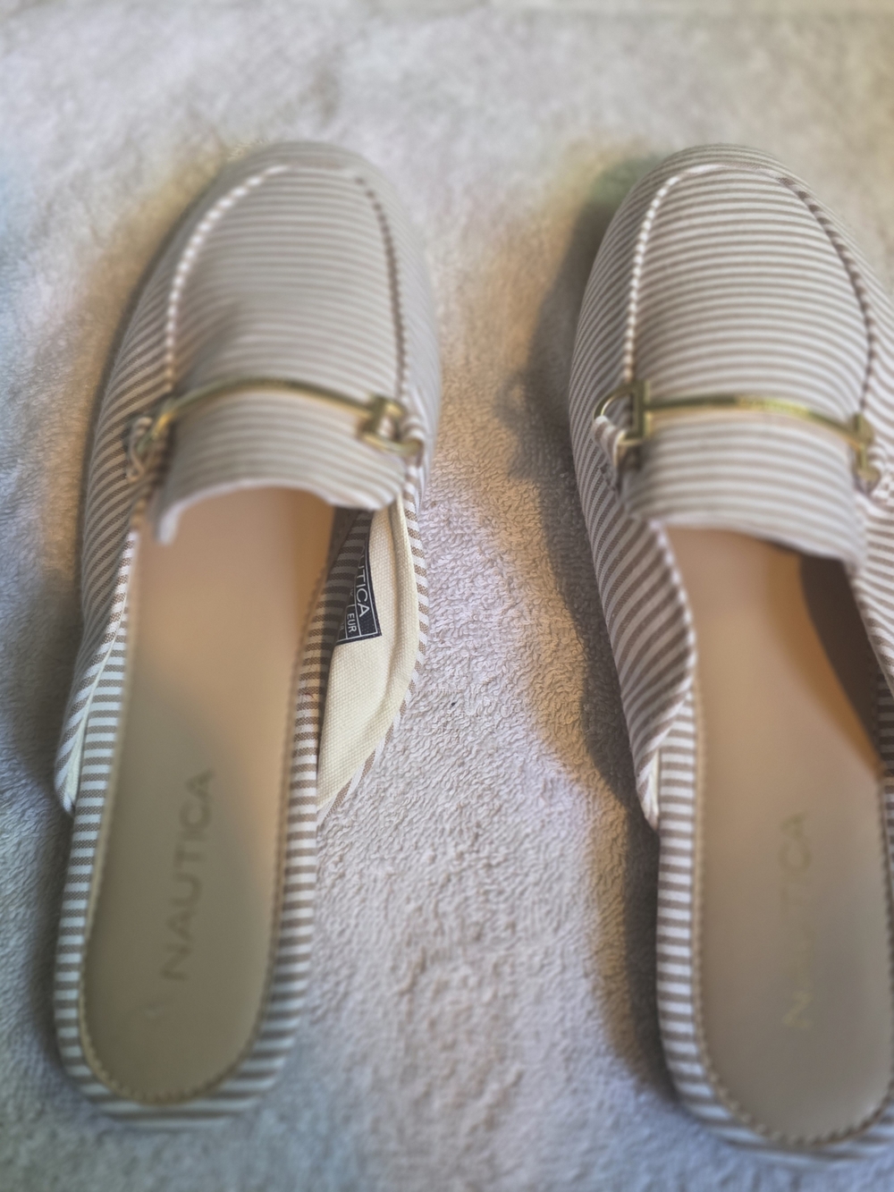 New With Out Box Nautica Beige & White Striped Slip-On Mules with Gold Bit